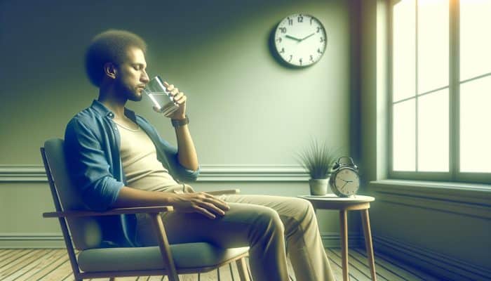 Person fasting, drinking water, preparing for diabetes blood test, early morning in medical setting.