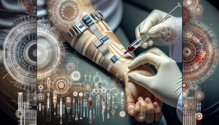 Pregnancy Blood Test in Bentley: A pregnant woman's arm with a medical professional drawing blood, surrounded by equipment and an hCG chart.
