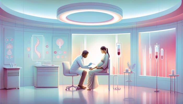 A pregnant woman receiving a blood test in a serene Bentley clinic with pastel colors and informative charts.