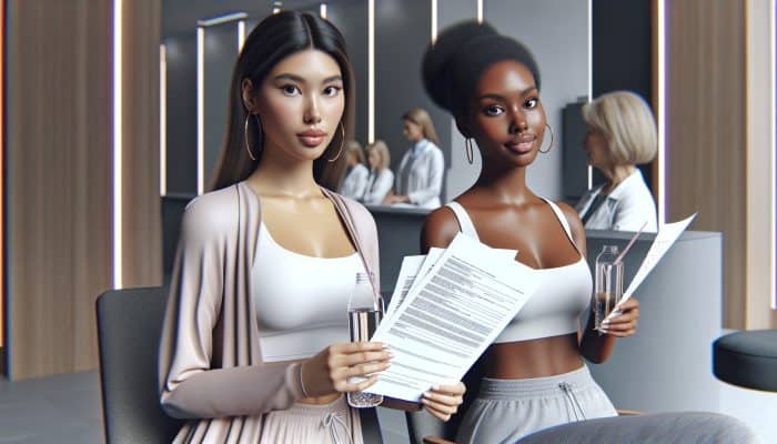 Woman in loose clothes drinking water, with friend, awaiting pregnancy blood test in Bentley clinic, holding medical forms.