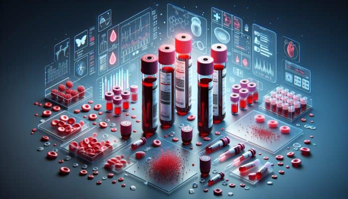 Fbc Test in Washington: Illustration of a full blood count test with labeled blood components in vials.