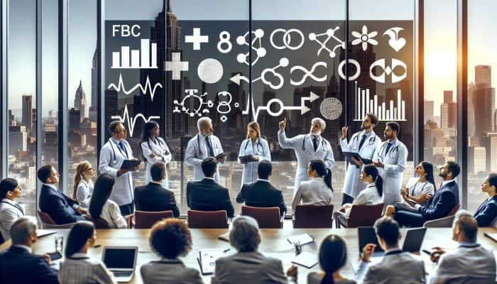 Medical experts in Washington discussing FBC testing results in a modern conference room with city skyline view.