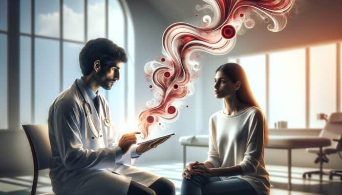 Doctor and patient discussing FBC test results on a digital tablet in a clinic.