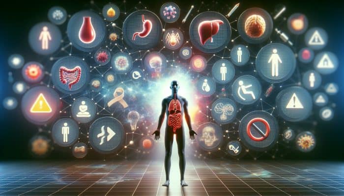 Food Intolerance Test in Tynemouth: Person surrounded by icons of food intolerance symptoms like bloating, rashes, and fatigue.