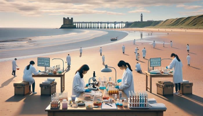 Tynemouth coastal scene with experts analyzing food samples, surrounded by scientific equipment under a clear sky.