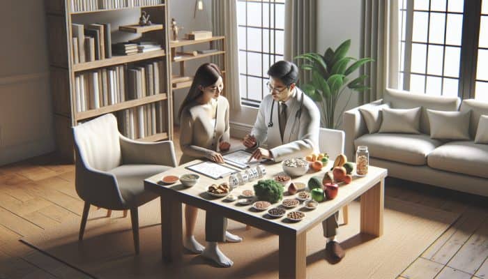 A person discussing test results with a nutritionist, surrounded by healthy foods in a cozy office.
