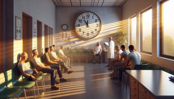 A morning scene at a clinic with a clock at 8:30 a.m., men over 40 waiting for testosterone testing.