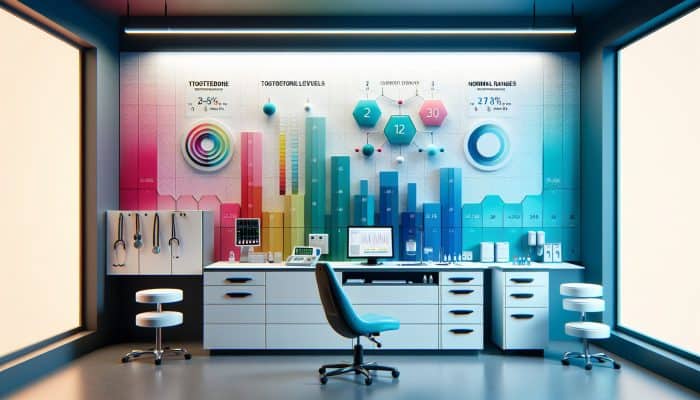 A medical chart showing testosterone levels by age, with color-coded normal ranges, in a clinic.