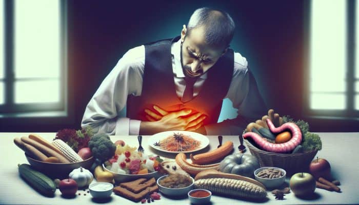 Food Intolerance Test in Ewell: Person at table with food, experiencing gastrointestinal distress and bloating, uneasy.