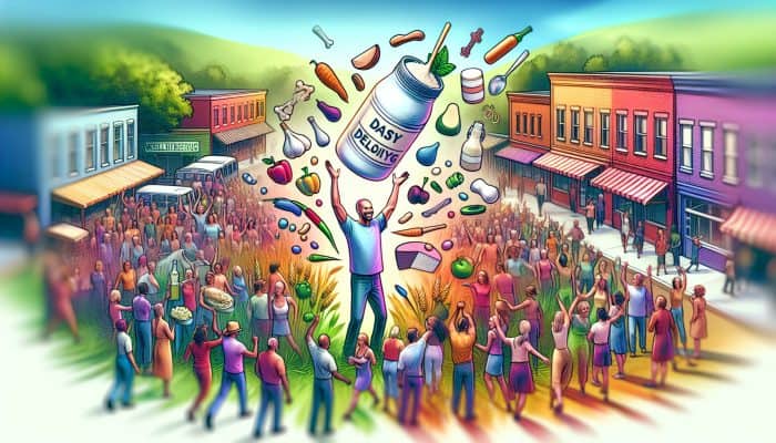 Local residents celebrating health improvements from food intolerance testing, discarding dairy products.