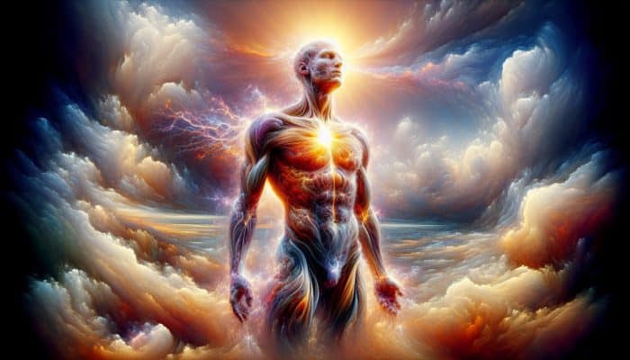 Vitamin D Blood Test in Cleethorpes: Person absorbing sunlight with glowing aura, strong bones, vibrant immune system, under cloudy Cleethorpes sky.