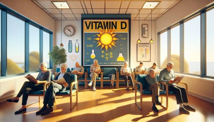 A serene GP surgery waiting room in Cleethorpes with patients, vitamin D testing poster, and sunlight.