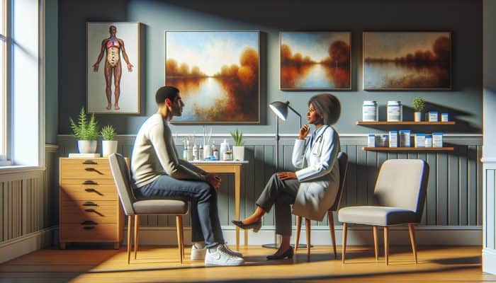 Patient discussing vitamin D concerns with doctor in a cozy, well-equipped GP office in Cleethorpes.