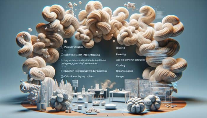 Swirling gluten proteins causing bloating, abdominal pain, and fatigue, disrupting daily life.