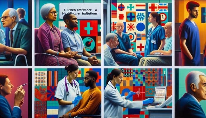 Diverse group in UK clinic, consulting GP and undergoing gluten intolerance tests, with NHS and private signs.