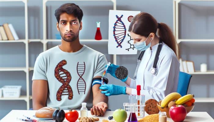 Patient giving blood for gluten intolerance test, doctor with antibody and DNA chart, gluten-free foods nearby.