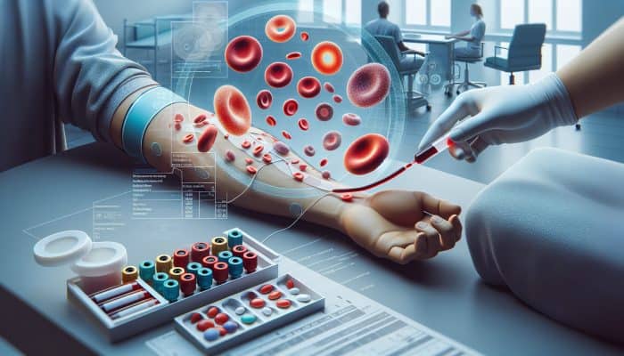 FBC Test In Aylesbury: Illustration of FBC test: blood sample from arm, labeled blood components in clinical setting.