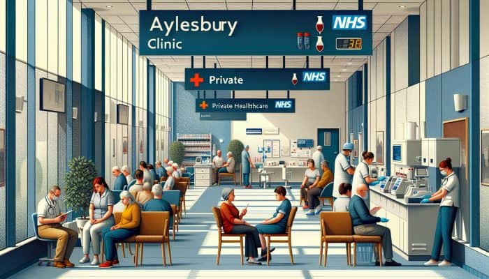 Aylesbury clinic with modern interiors, NHS and private signs, diverse patients, staff conducting FBC tests.
