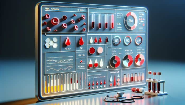 A medical chart showing FBC results with anemia indicators in a clinical setting.