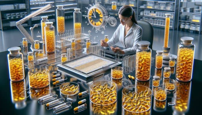 Vitamin D Blood Test in Sevenoaks: A person in a lab with test tubes and vitamin D supplements, clock showing 24 hours, preparing for a vitamin D blood test.