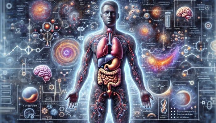 Cortisol Blood Test in Sittingbourne: Illustration of adrenal glands releasing cortisol, affecting metabolism, immunity, and brain functions amidst stress and homeostasis.