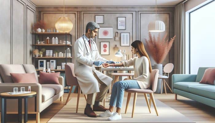 A serene clinic in Sittingbourne with a doctor guiding a patient through cortisol blood testing.