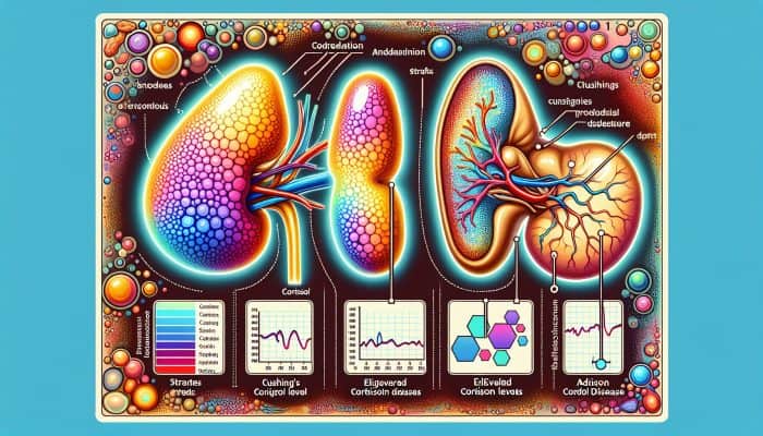 Illustration of adrenal glands with color-coded cortisol levels, charts showing normal, elevated, and low levels, labeled with stress, Cushing's, and Addison's disease.