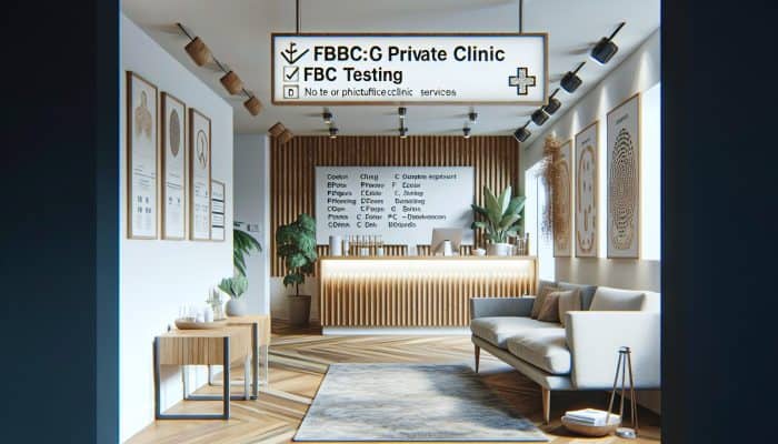 Modern private clinic interior in Tonbridge with signs for Fbc testing services.