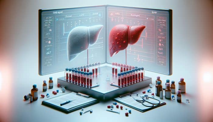 Liver Blood Test in Swanscombe: Illustration of liver blood tests with vials, enzymes ALT and AST, and comparison of healthy and damaged liver in a clinical setting.
