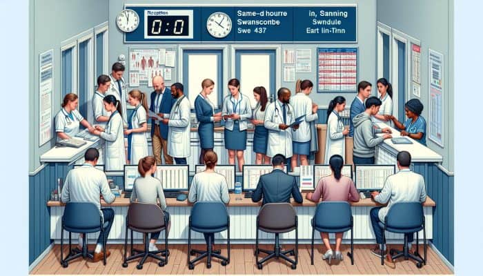 Busy Swanscombe clinic reception with patients discussing urgent same-day liver test appointments, staff scheduling on computers, early morning.