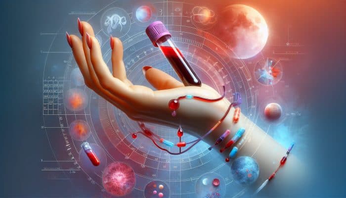 A woman's hand with a blood test vial, calendar, and hormonal cycle chart in background, illustrating timing's effect on fertility test accuracy.
