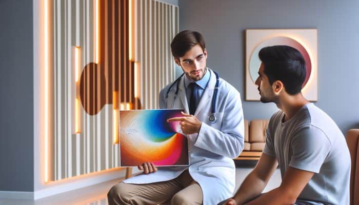 A doctor and patient reviewing testosterone charts and discussing diet and exercise in a clinic.