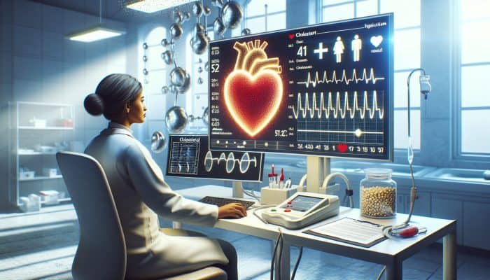 Cholesterol Blood Test in Dumfries: Person undergoing cholesterol test, heart-shaped chart showing healthy levels, symbolizing proactive heart health monitoring.