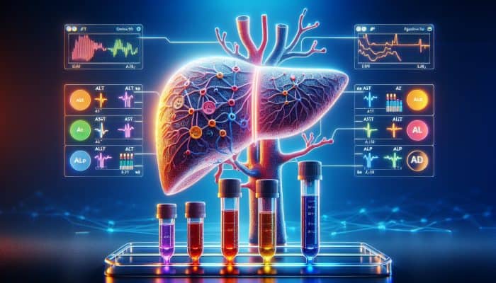 Liver Blood Test in Falkirk: A glowing human liver intertwined with veins, surrounded by test tubes labeled ALT, AST, bilirubin, and ALP in a modern lab with digital screens under blue lighting.