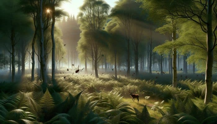 How to Know if You Have Chronic Lyme Disease: Misty Scottish Highland woodland at dawn: dense ferns, grazing deer amid ticks, sunlight filtering through ancient trees, evoking Lyme disease risks.