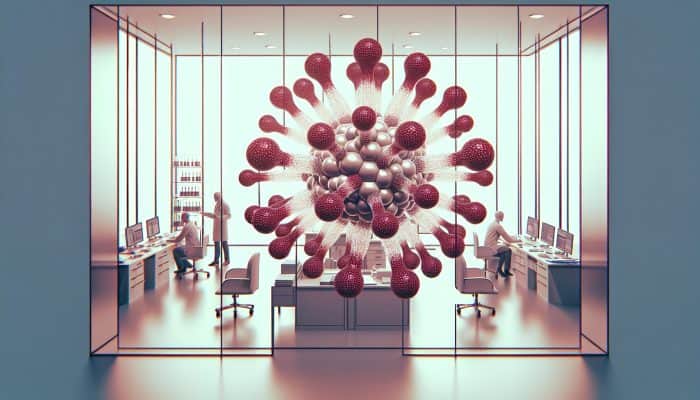 Ferritin Blood Test in Rhyl: A glowing ferritin protein molecule with iron atoms, in a modern Rhyl clinic where doctors analyze blood samples for health balance.