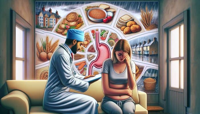 Gluten Intolerance Test in Willenhall: Weary resident in Willenhall clinic clutches bloated stomach, rubs tired eyes while consulting compassionate GP surrounded by gluten-free posters and rainy streets.